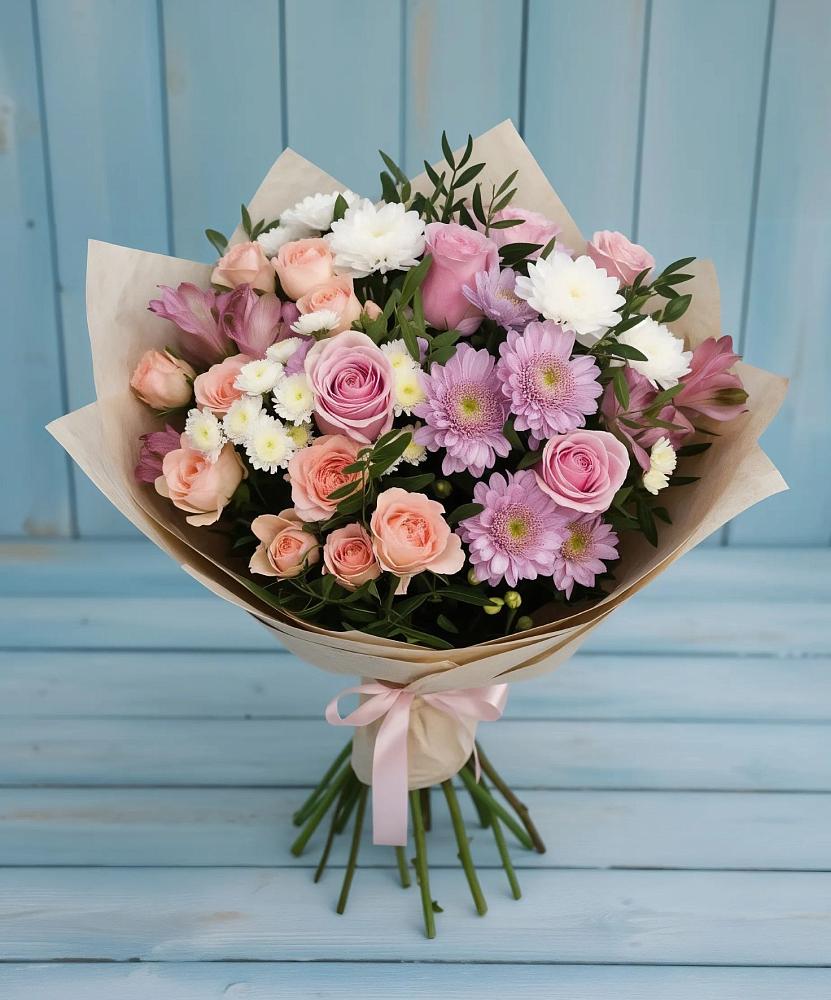 Букет цветов из: Хризантемы, Розы и Альстромерии в Новониколаевской