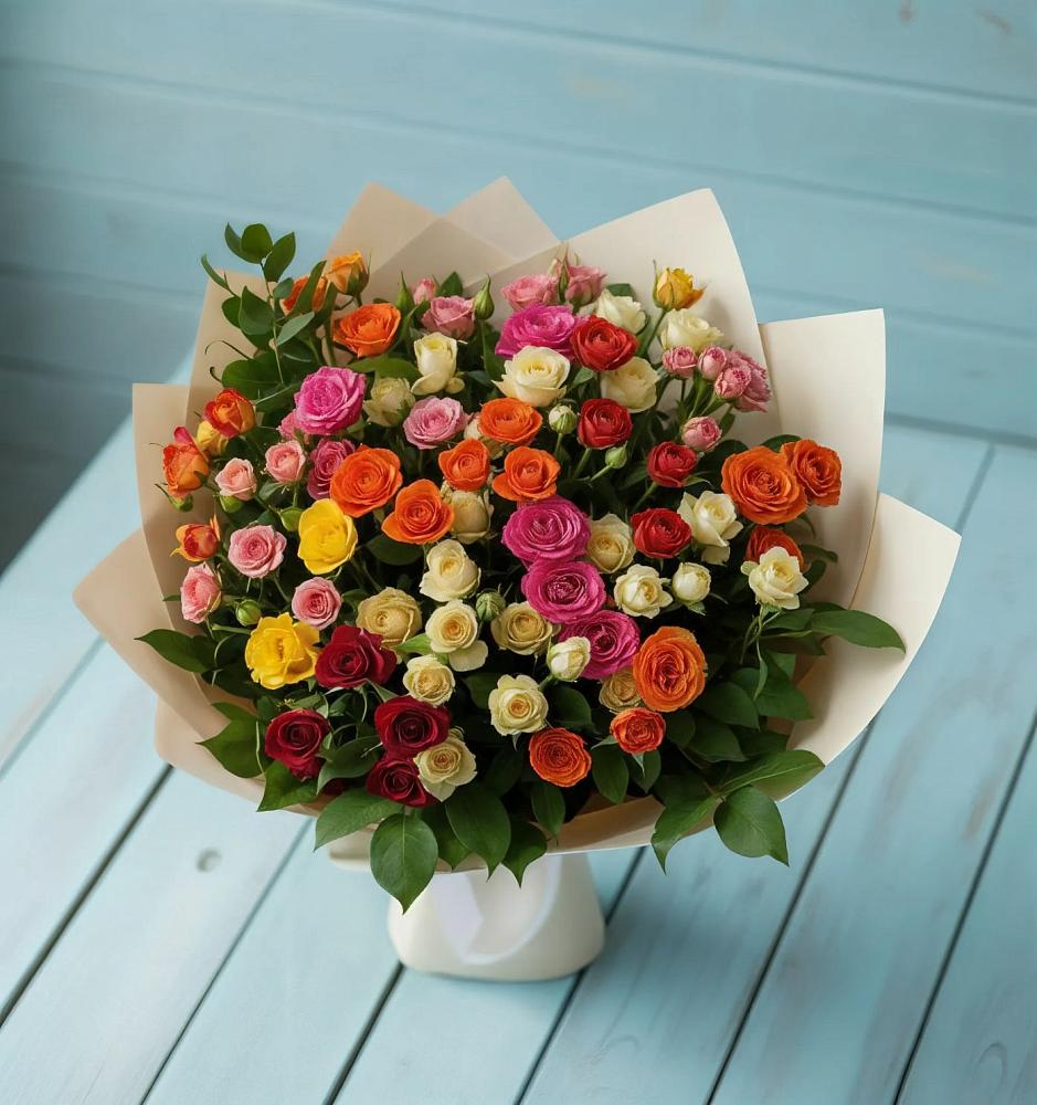 Букет Микс из разноцветных кустовых роз в Новониколаевской