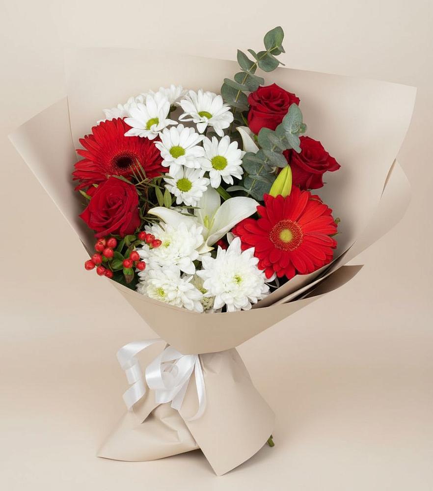Букет цветов из: Розы, Хризантемы, Герберы и Лилии в Новониколаевской