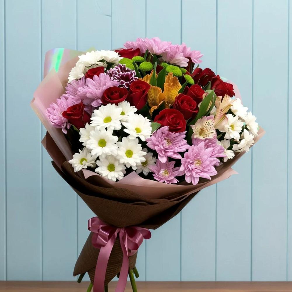 Букет цветов из: Розы, Хризантемы и Альстромерии в Новониколаевской