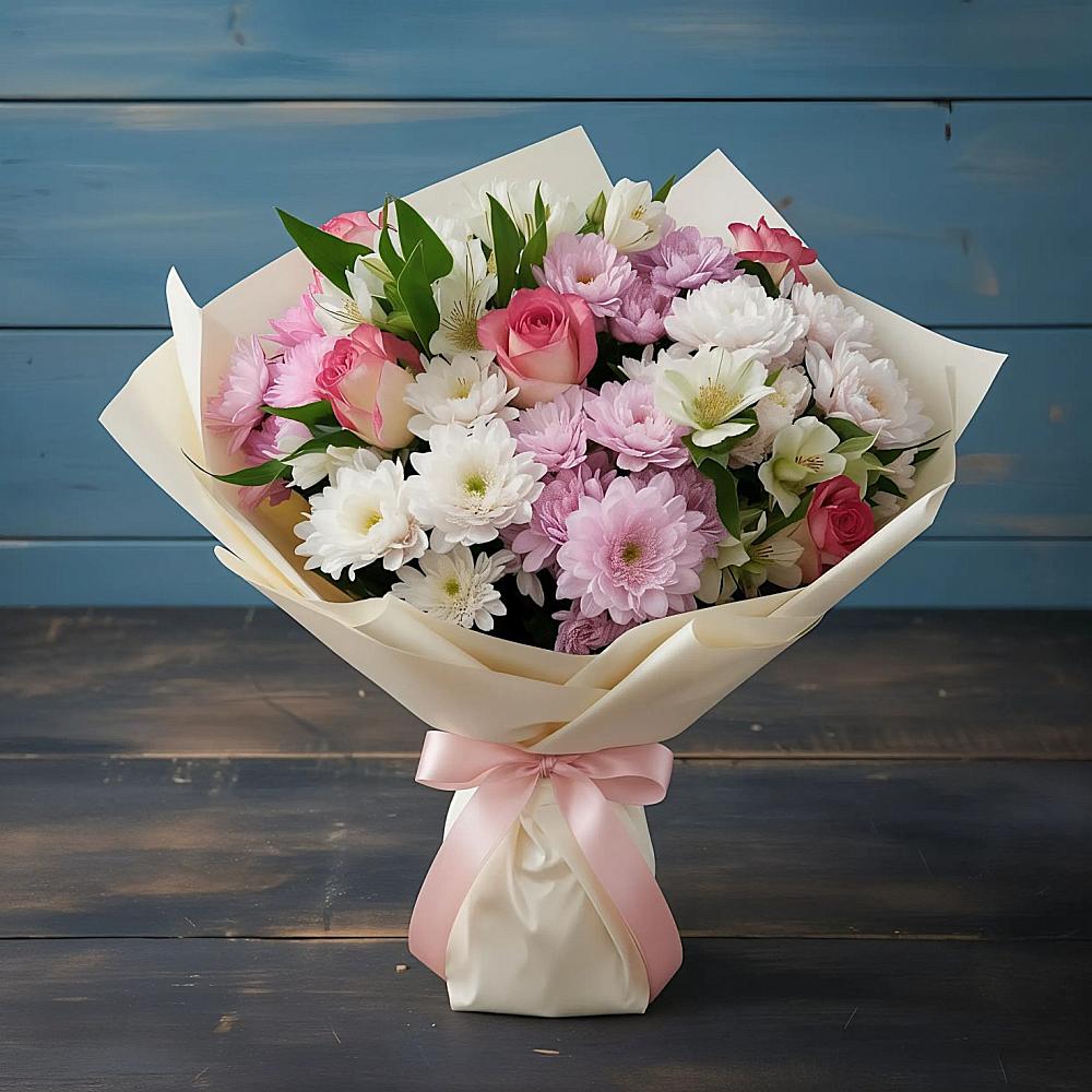 Букет цветов из: Хризантемы, Альстромерии и Розы в Новониколаевской